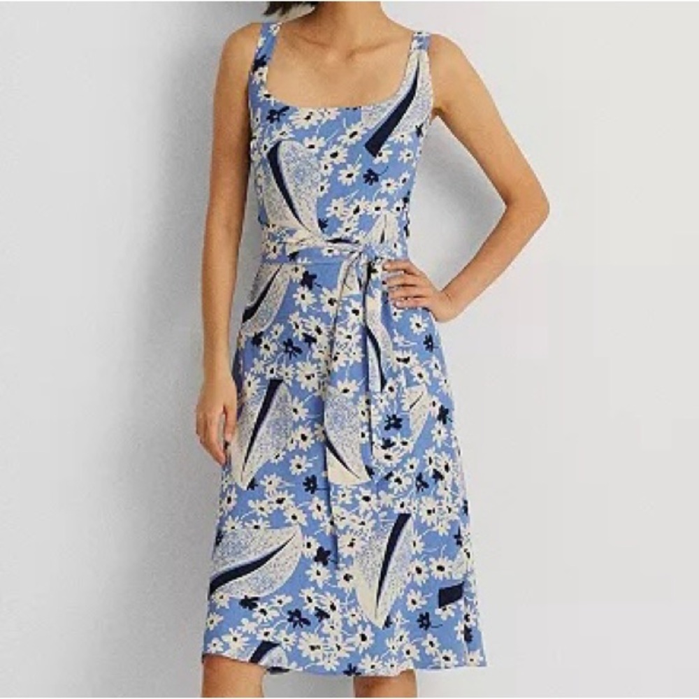 Lauren Ralph Lauren Blue Floral‎ Crepe Belted Sleeveless Dress Size 14